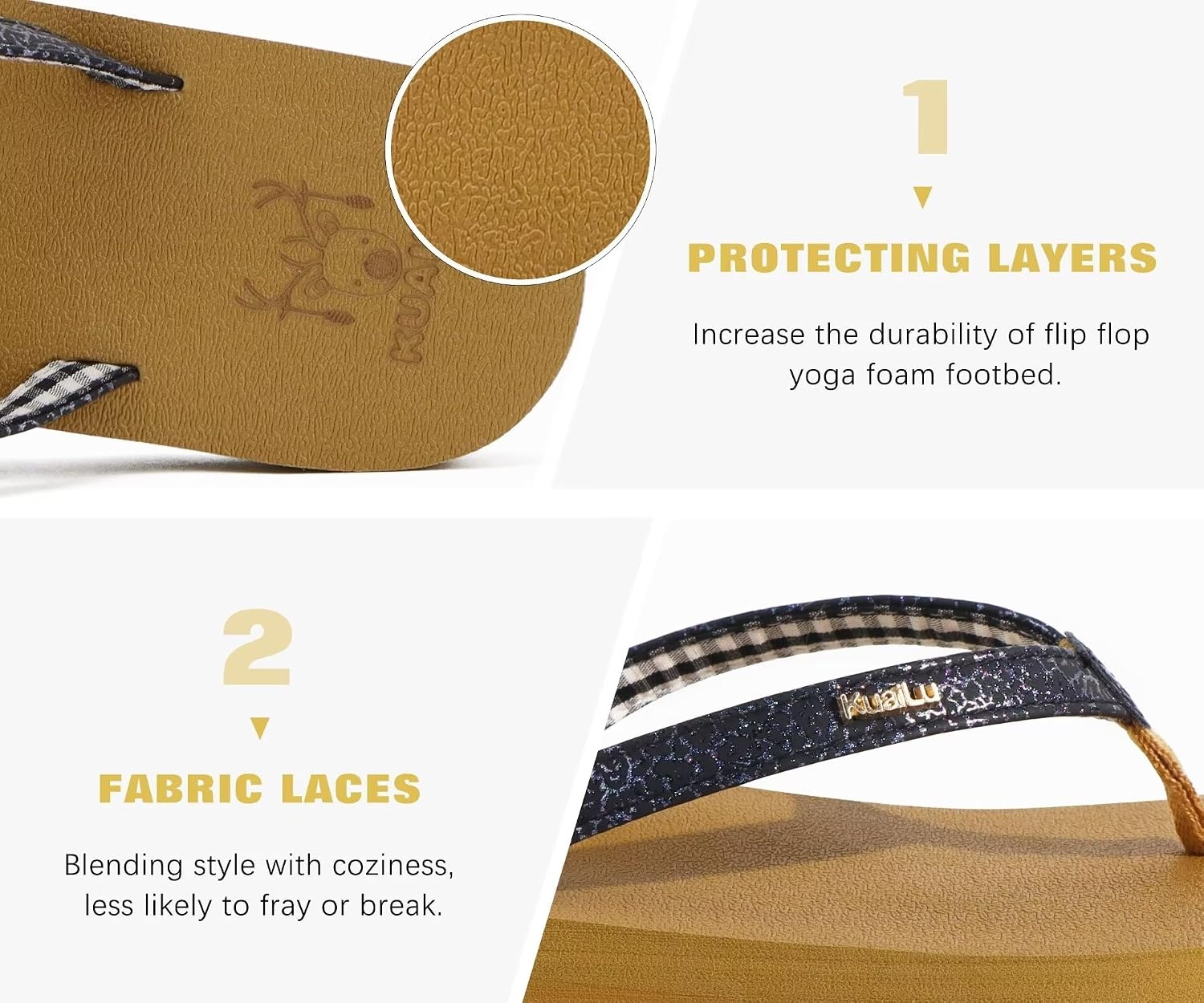 image:imageKuaiLu Flip Flops for Women with Arch Support Summer Beach Thong SandalsBlack Khaki