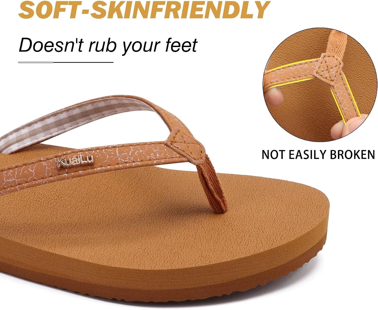image:imageKuaiLu Flip Flops for Women with Arch Support Summer Beach Thong SandalsTan