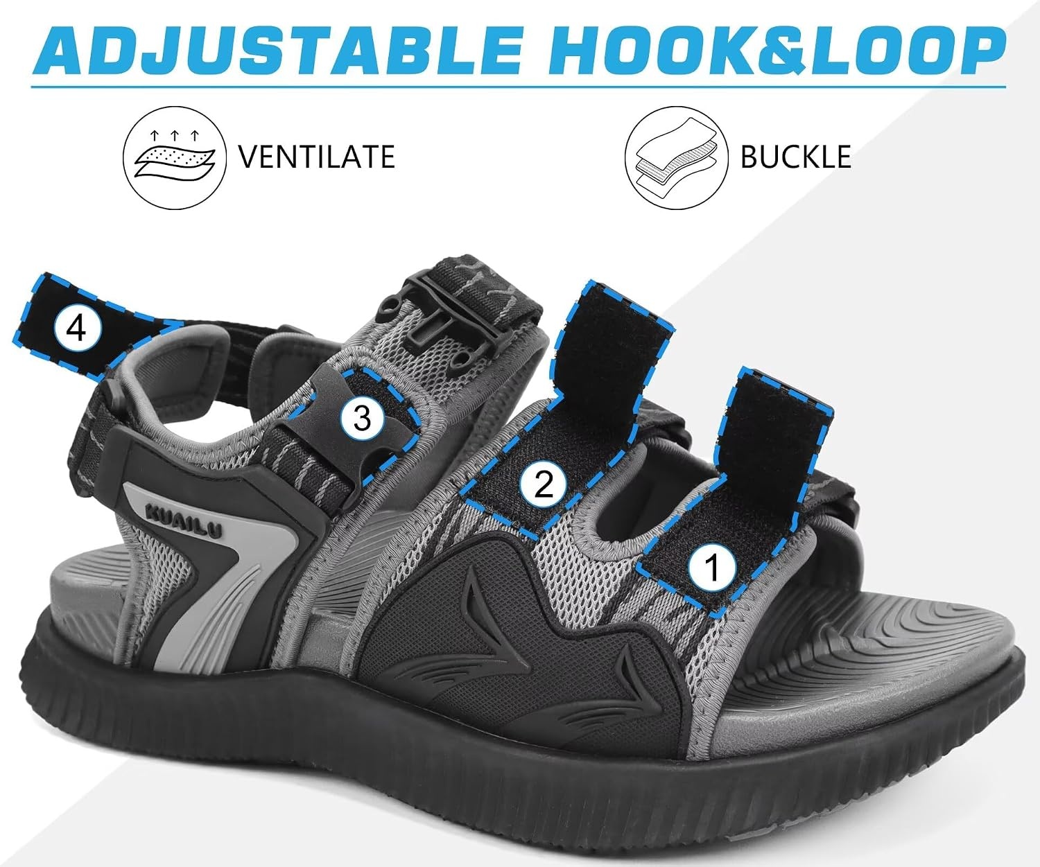 image:imageKuaiLu Mens Arch Support Hiking Sandals Orthopedic Athletic Walking SandlesGrey Black