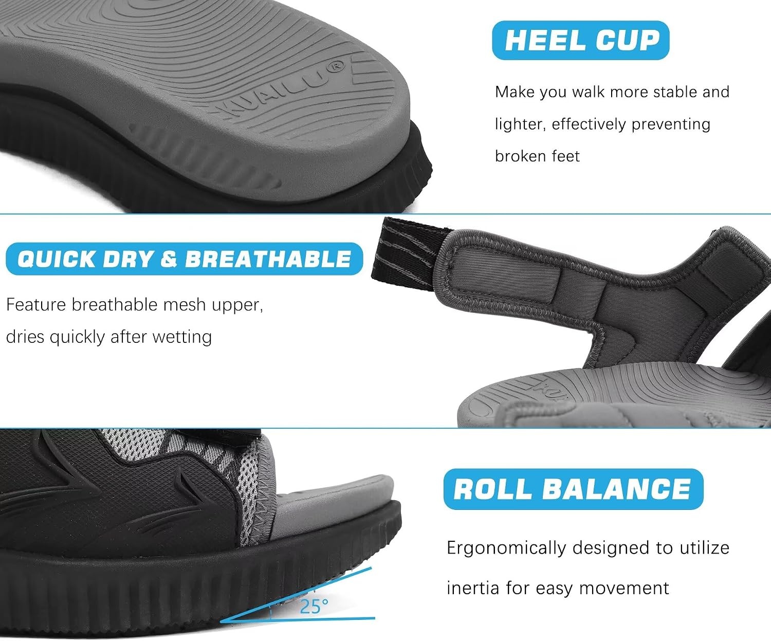 image:imageKuaiLu Mens Arch Support Hiking Sandals Orthopedic Athletic Walking SandlesGrey Black