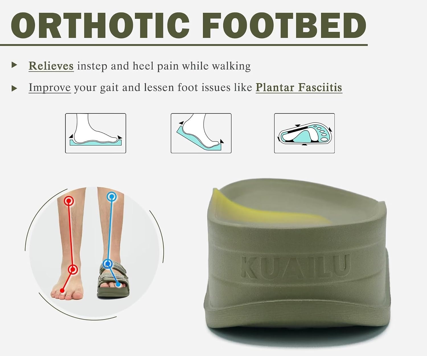 image:imageKuaiLu Mens Casual Sandals with Comfortable Orthopedic Arch Support Summer Beach Walking Shoes Cushion Slides Slip on Indoor OutdoorGreen