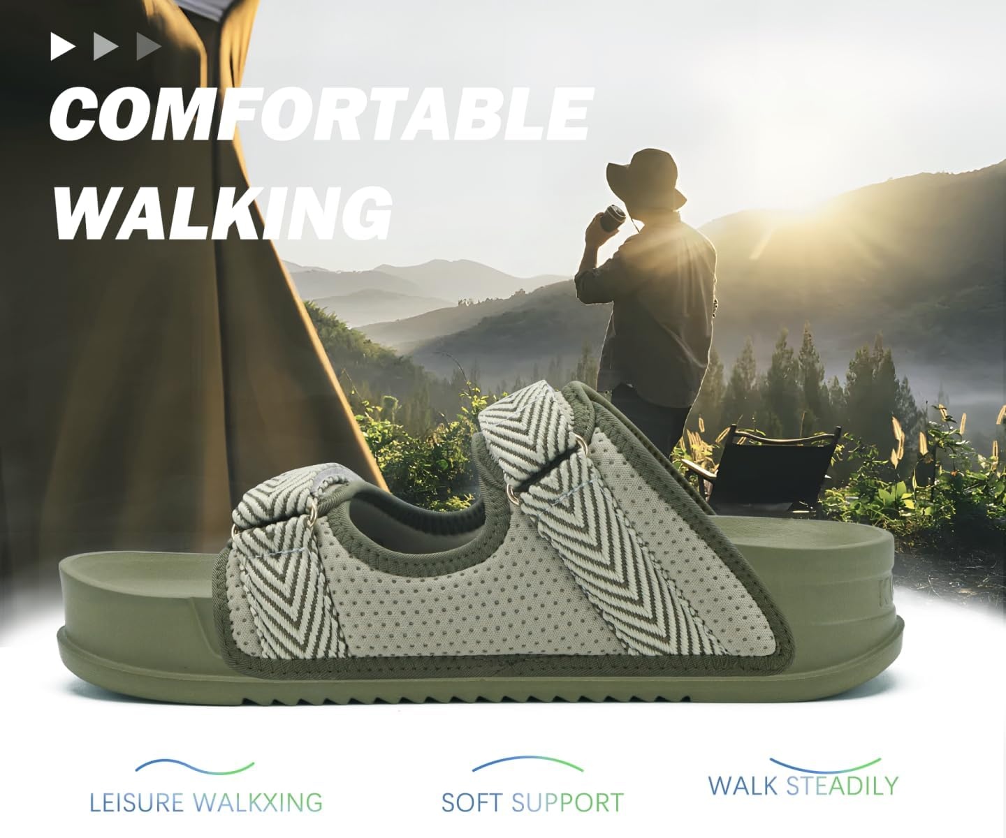 image:imageKuaiLu Mens Casual Sandals with Comfortable Orthopedic Arch Support Summer Beach Walking Shoes Cushion Slides Slip on Indoor OutdoorGreen