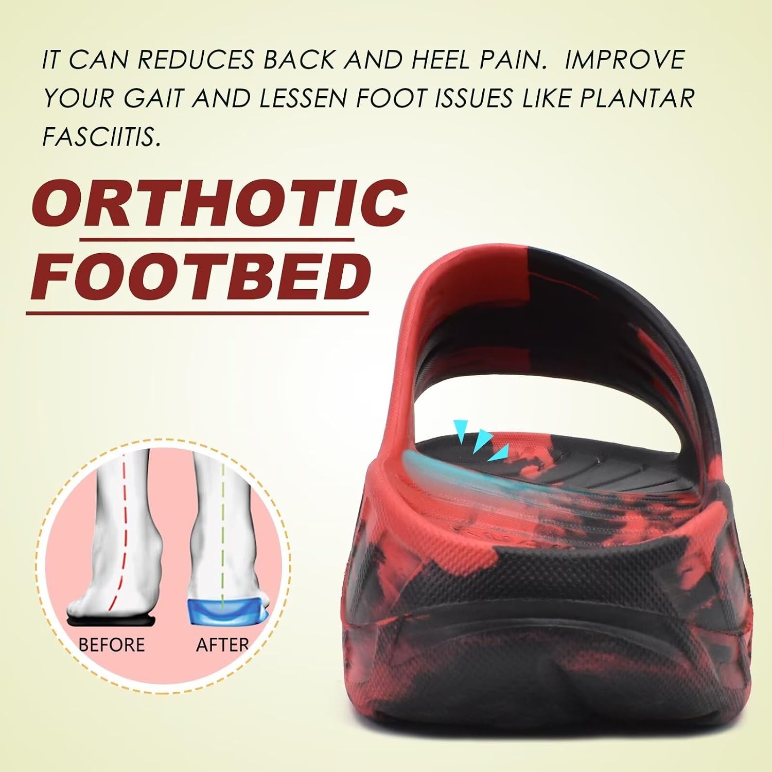 image:imageKuaiLu Mens Orthotic Recovery Sandals Arch Support Slides Plantar FasciitisCamored Black