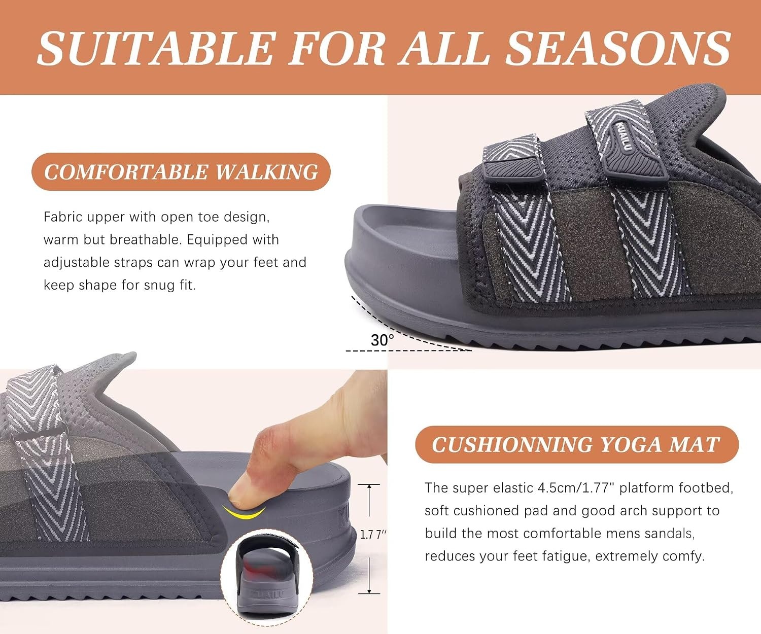 image:imageKuaiLu Mens Orthotic Sandals Comfort Arch Support Fabric Sandal SlippersDark Grey