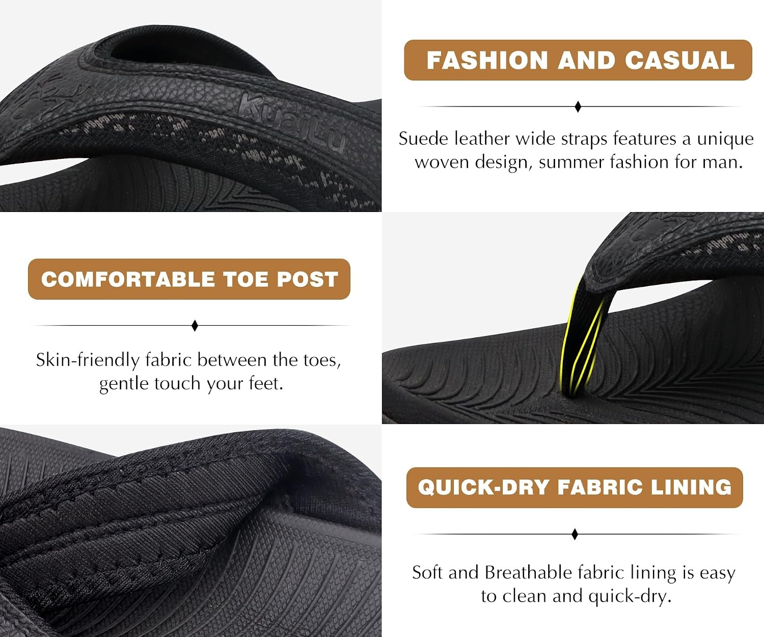 image:imageKuaiLu Mens Sport Flip Flops Orthotic Thong Sandals With Arch SupportBlack