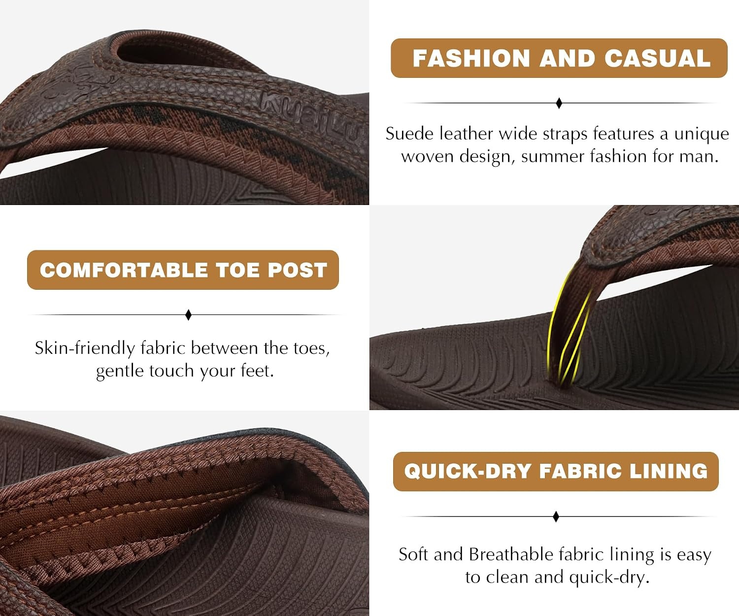 image:imageKuaiLu Mens Sport Flip Flops Orthotic Thong Sandals With Arch SupportBrown