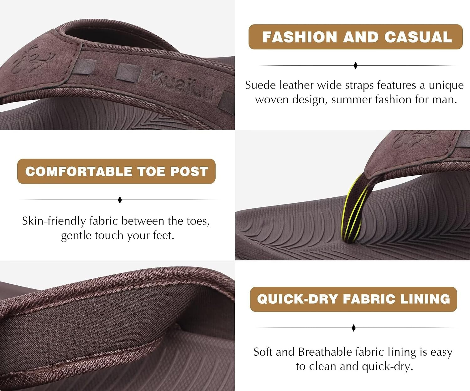image:imageKuaiLu Mens Sport Flip Flops Orthotic Thong Sandals With Arch SupportFashion Brown