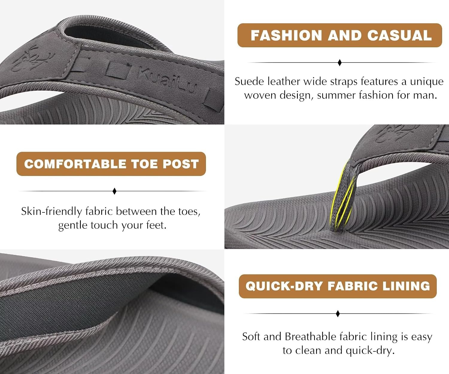image:imageKuaiLu Mens Sport Flip Flops Orthotic Thong Sandals With Arch SupportFashion Grey