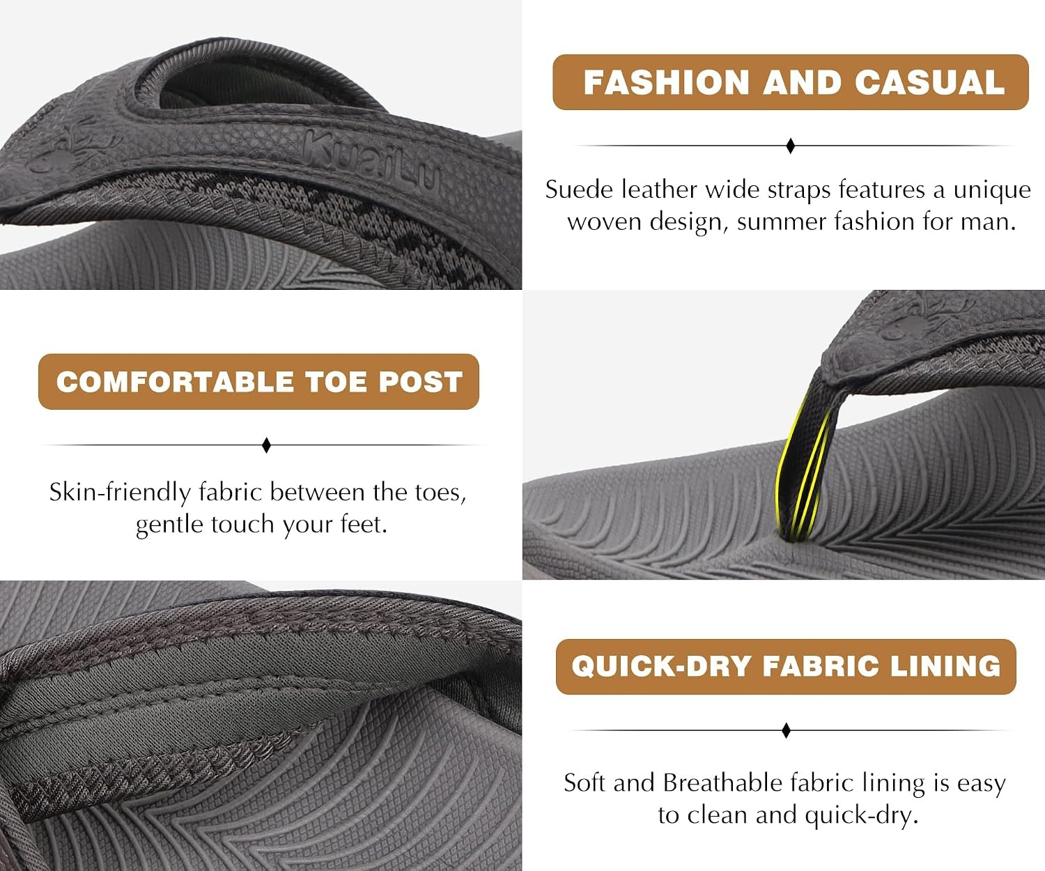 image:imageKuaiLu Mens Sport Flip Flops Orthotic Thong Sandals With Arch SupportGrey