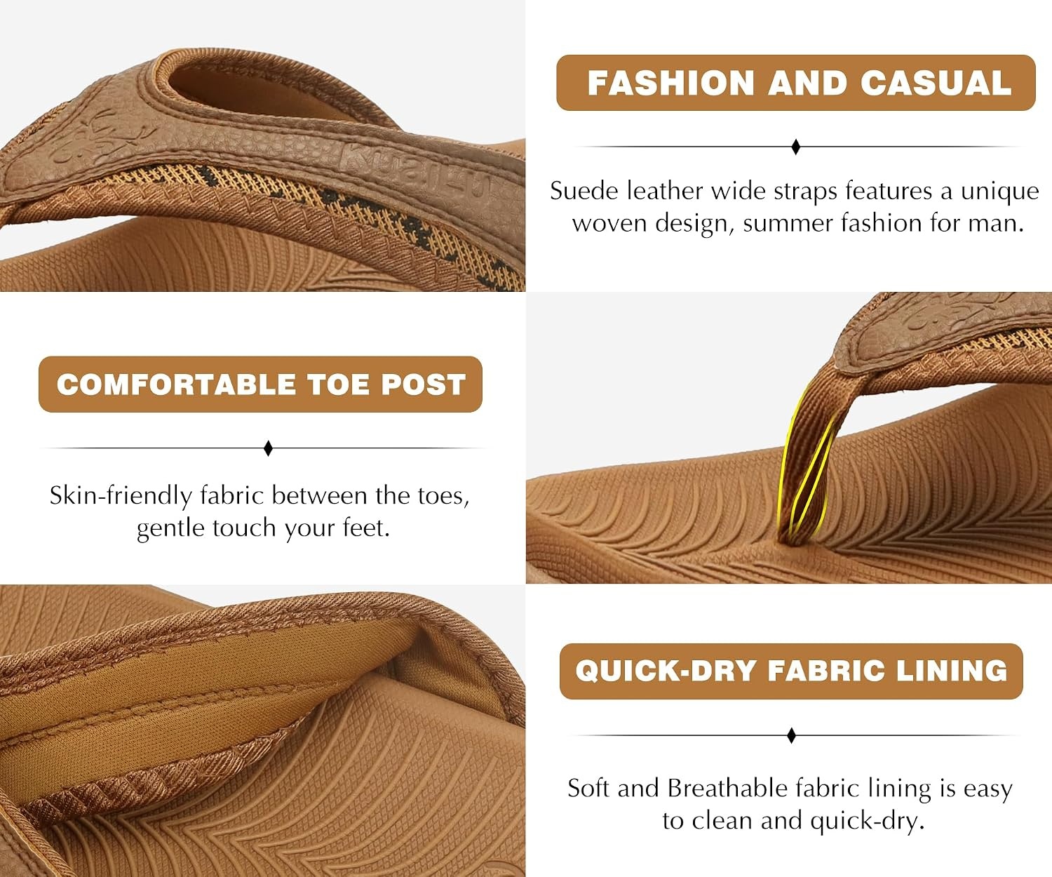 image:imageKuaiLu Mens Sport Flip Flops Orthotic Thong Sandals With Arch SupportKhaki