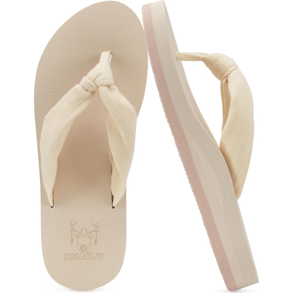 image:imageKuaiLu Flip Flops for Women with Arch Support Summer Beach Thong SandalsBeige