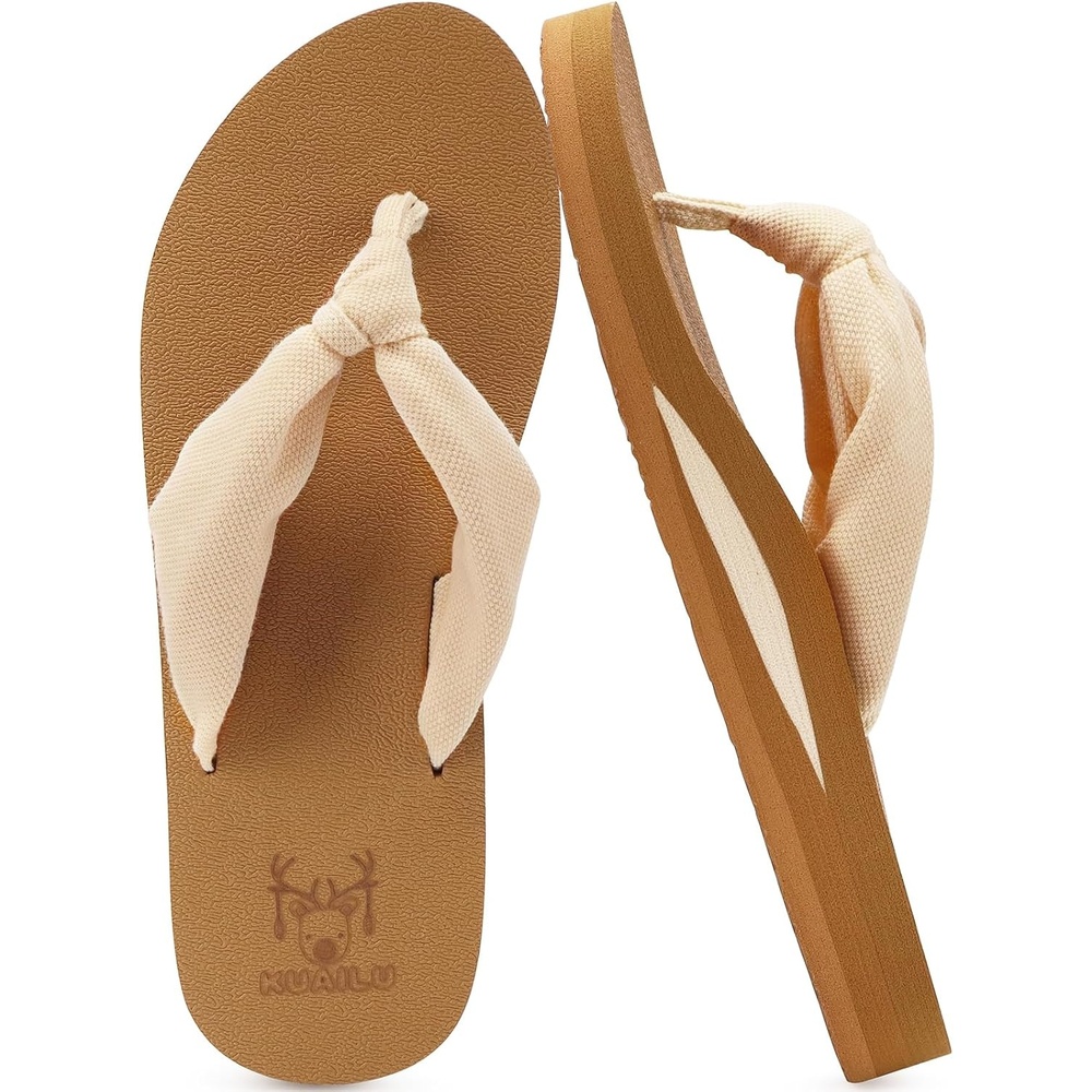 image:imageKuaiLu Flip Flops for Women with Arch Support Summer Beach Thong SandalsBeige Khaki