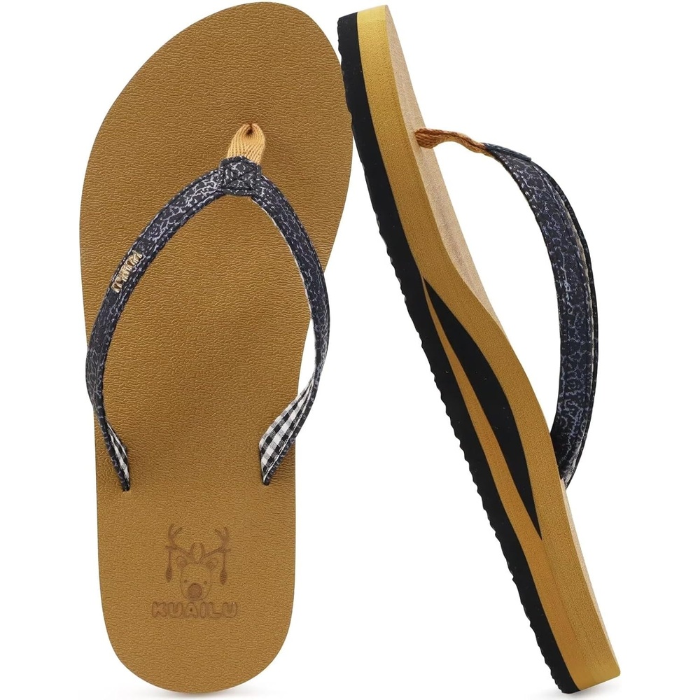image:imageKuaiLu Flip Flops for Women with Arch Support Summer Beach Thong SandalsBlack Khaki