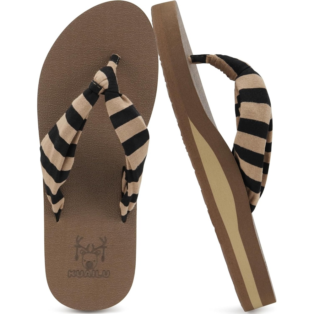 image:imageKuaiLu Flip Flops for Women with Arch Support Summer Beach Thong SandalsBrown Black