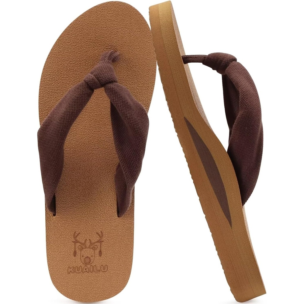 image:imageKuaiLu Flip Flops for Women with Arch Support Summer Beach Thong SandalsBrown Khaki