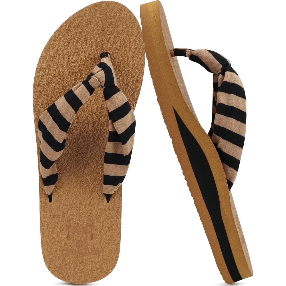 image:imageKuaiLu Flip Flops for Women with Arch Support Summer Beach Thong SandalsKhaki Black