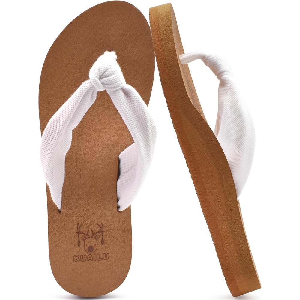 image:imageKuaiLu Flip Flops for Women with Arch Support Summer Beach Thong SandalsWhite Khaki
