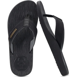 KuaiLu Mens Flip Flops Comfortable Arch Support Waterproof Thong Sandals(Pu-black)