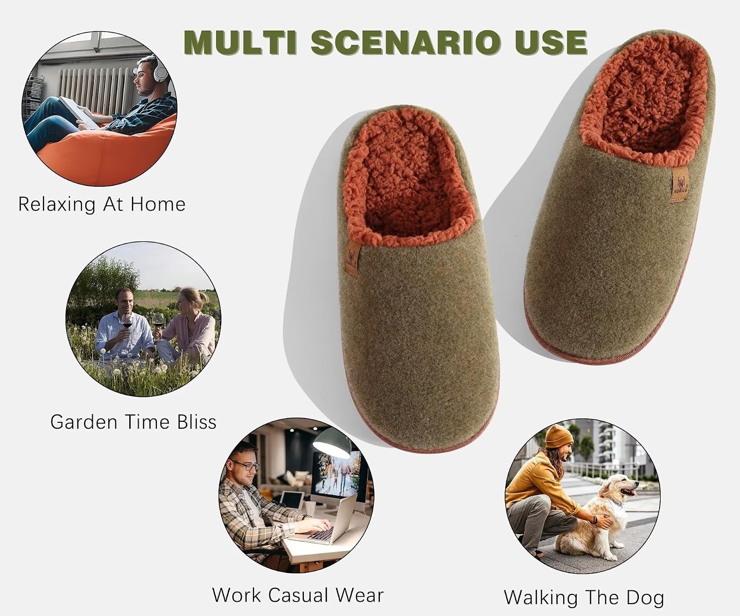 image:imageKuaiLu Mens House Memory Foam Slippers with Comfortable Warm Plush LiningGreen Brown