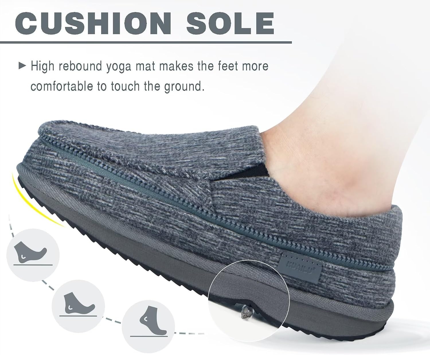 image:imageKuaiLu Mens Memory Foam Moccasin Slippers Arch Support Cushion Yoga Foam Fuzzy Zipper House Shoes with Indoor Outdoor Rubber Sole
