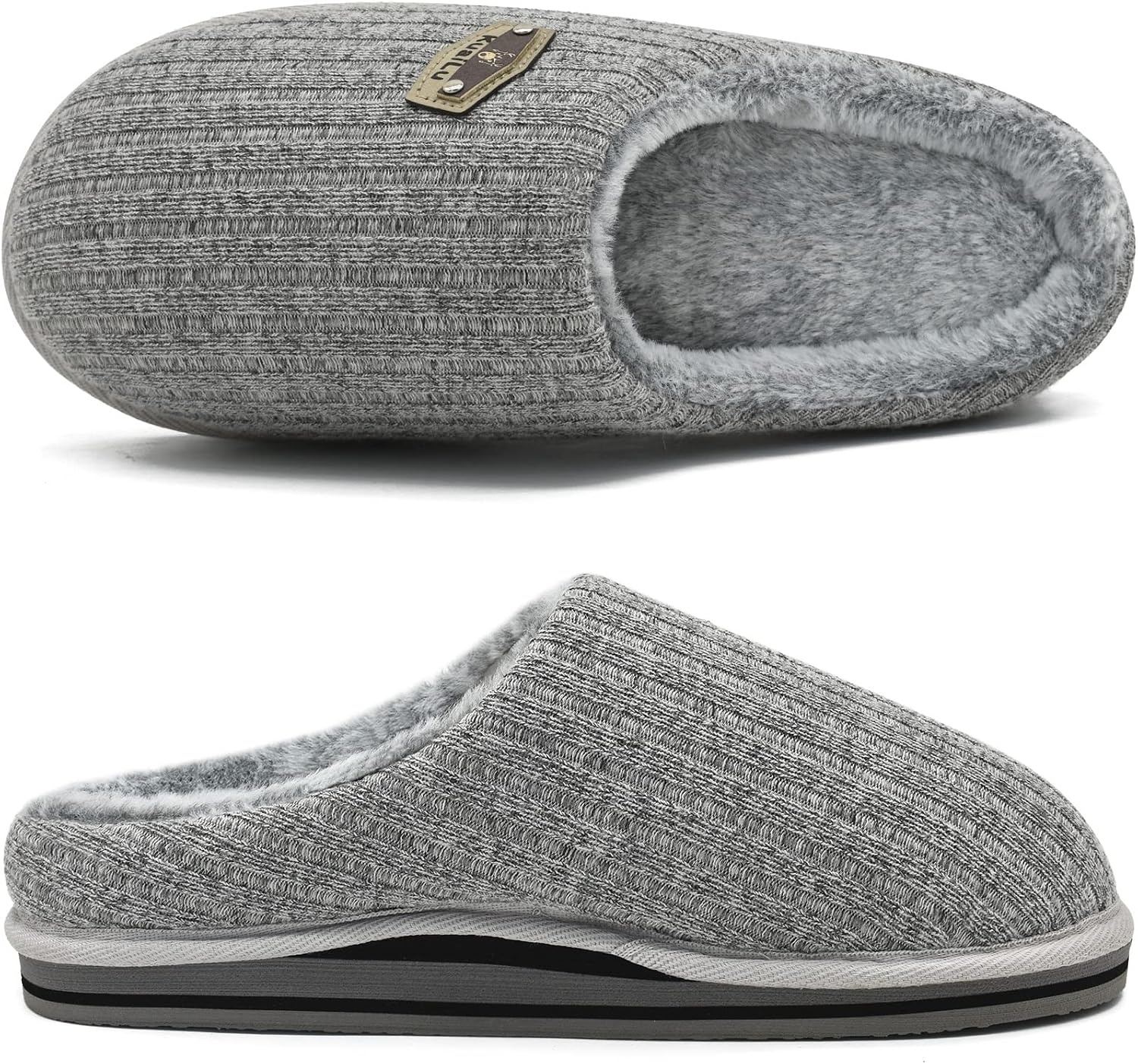 image:imageKuaiLu Mens Orthopedic Memory Foam Slippers Fashion Casual Woolblend Stripe Knitted with Warm Sherpa Plush Lining Winter Mens Mule Scuff Nonslip House Slippers Size 714