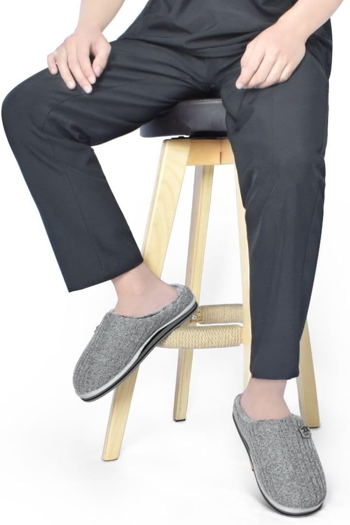 image:imageKuaiLu Mens Orthopedic Memory Foam Slippers Fashion Casual Woolblend Stripe Knitted with Warm Sherpa Plush Lining Winter Mens Mule Scuff Nonslip House Slippers Size 714