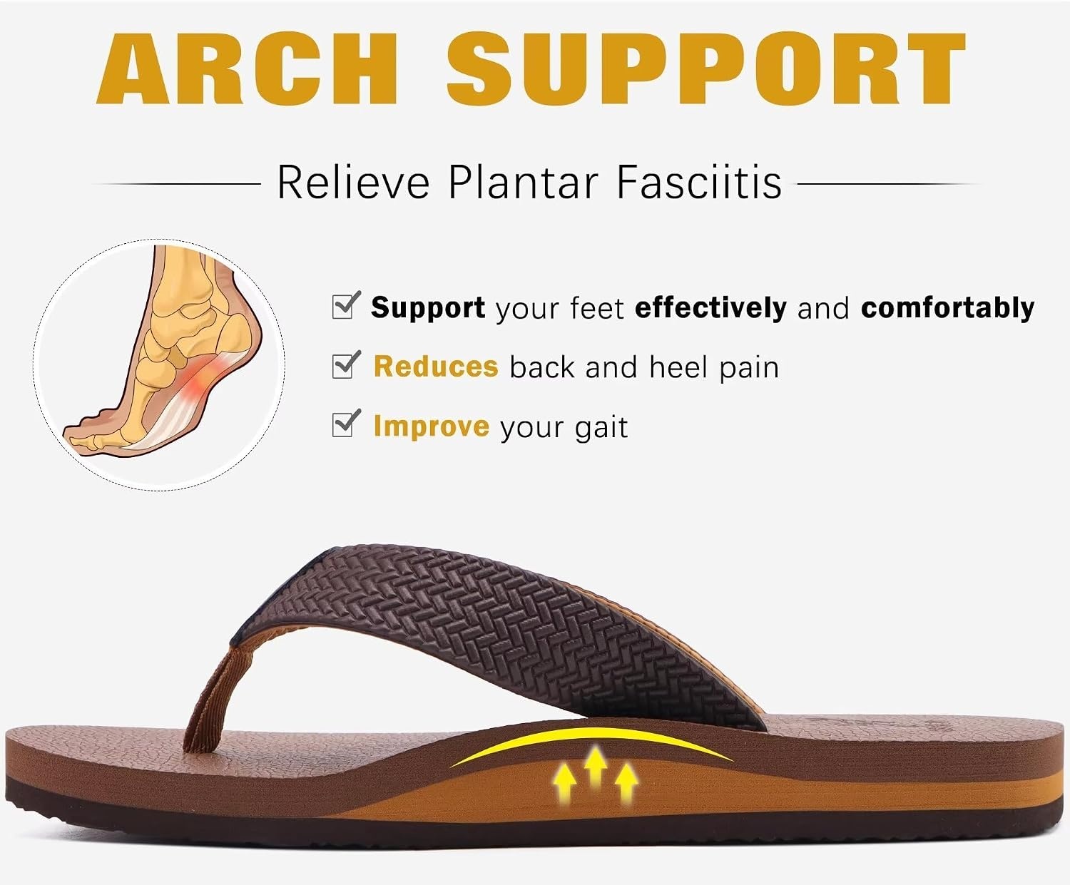 image:imageKuaiLu Mens Rubber Flip Flops with Comfortable Arch Support Summer BeachLight Brown