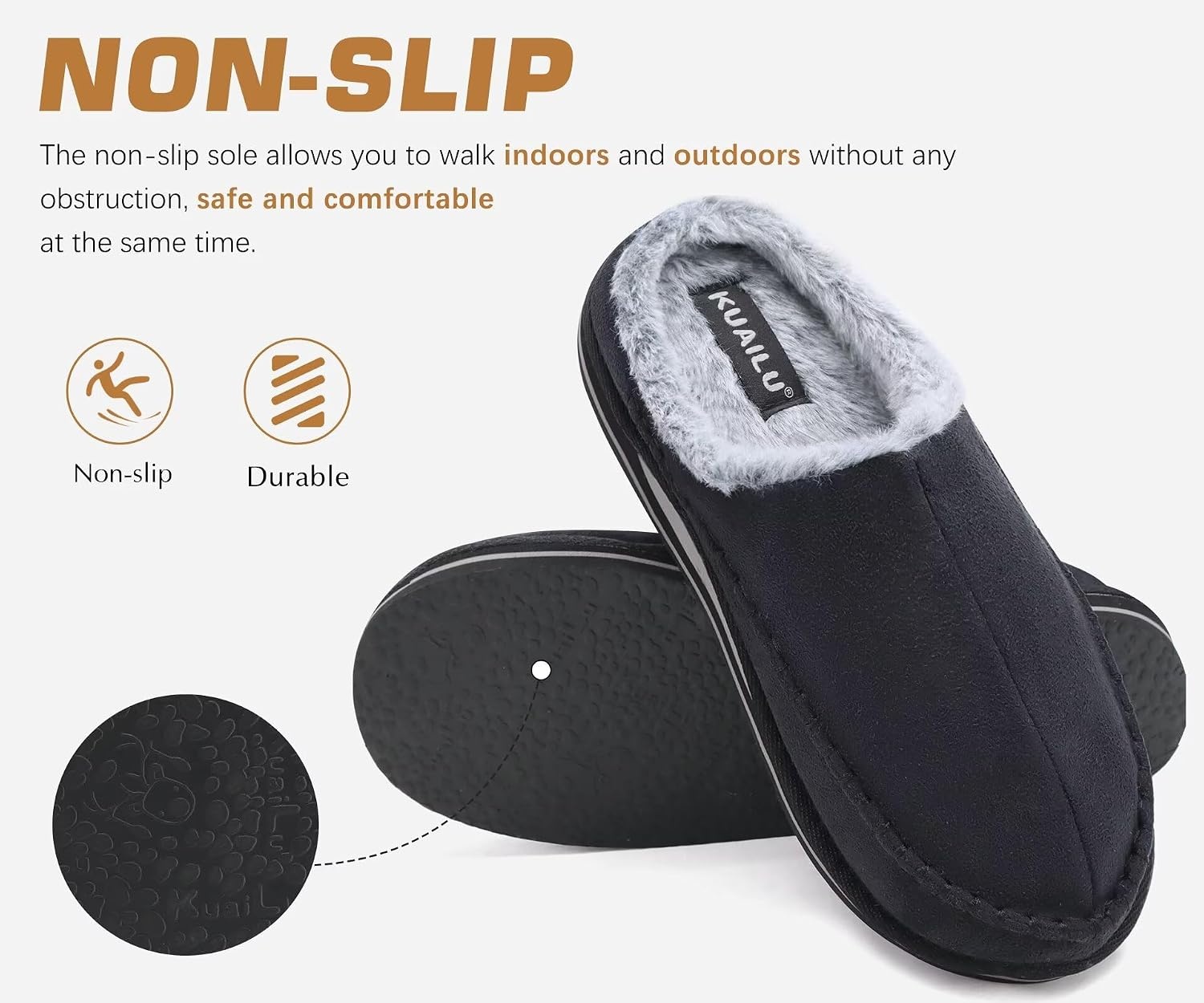 image:imageKuaiLu Mens Slippers Orthopedic Arch Support Suede Fluff Plush Home ShoesBlack