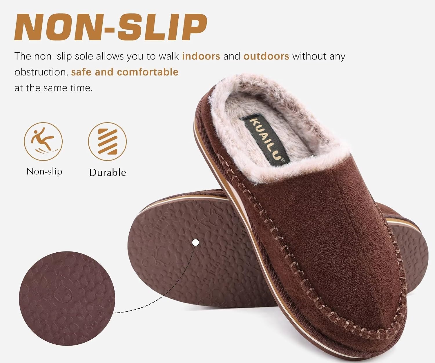 image:imageKuaiLu Mens Slippers Orthopedic Arch Support Suede Fluff Plush Home ShoesBrown