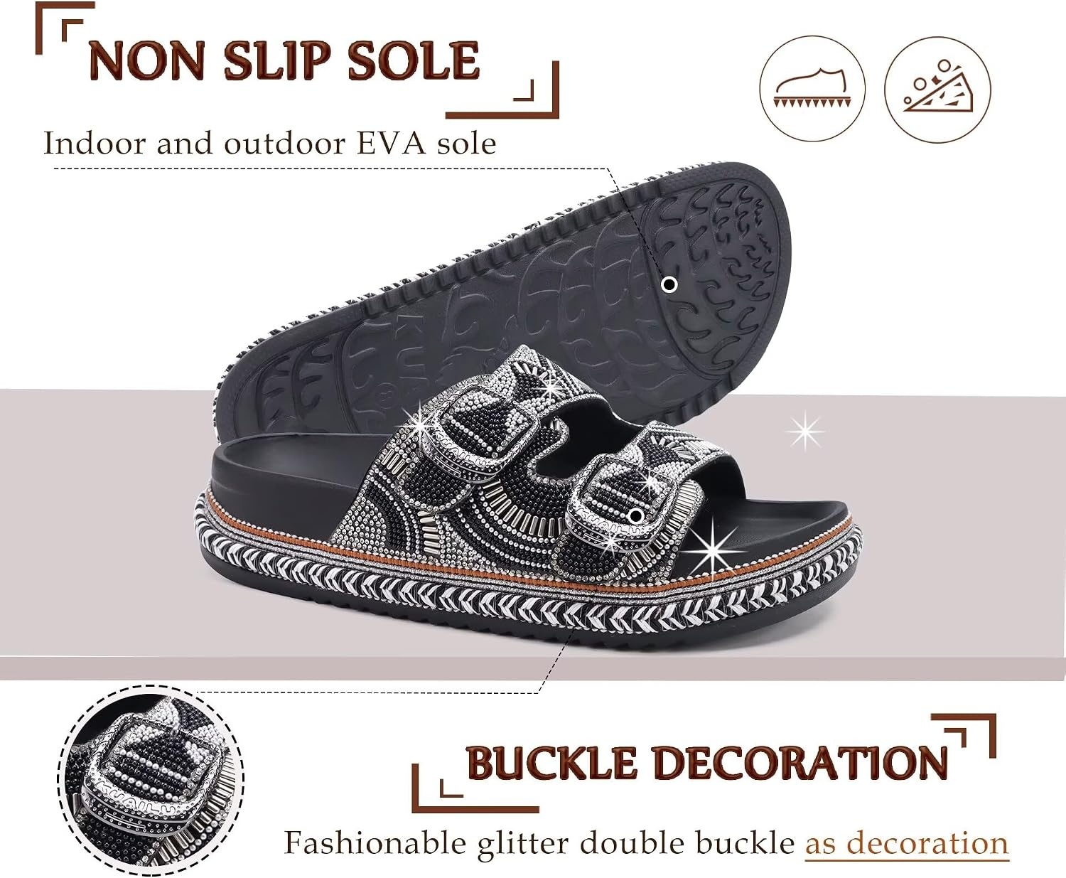 image:imageKuaiLu Womens Bling Sandals with Arch Support Orthopedic Rhinestones SlidesAll Black