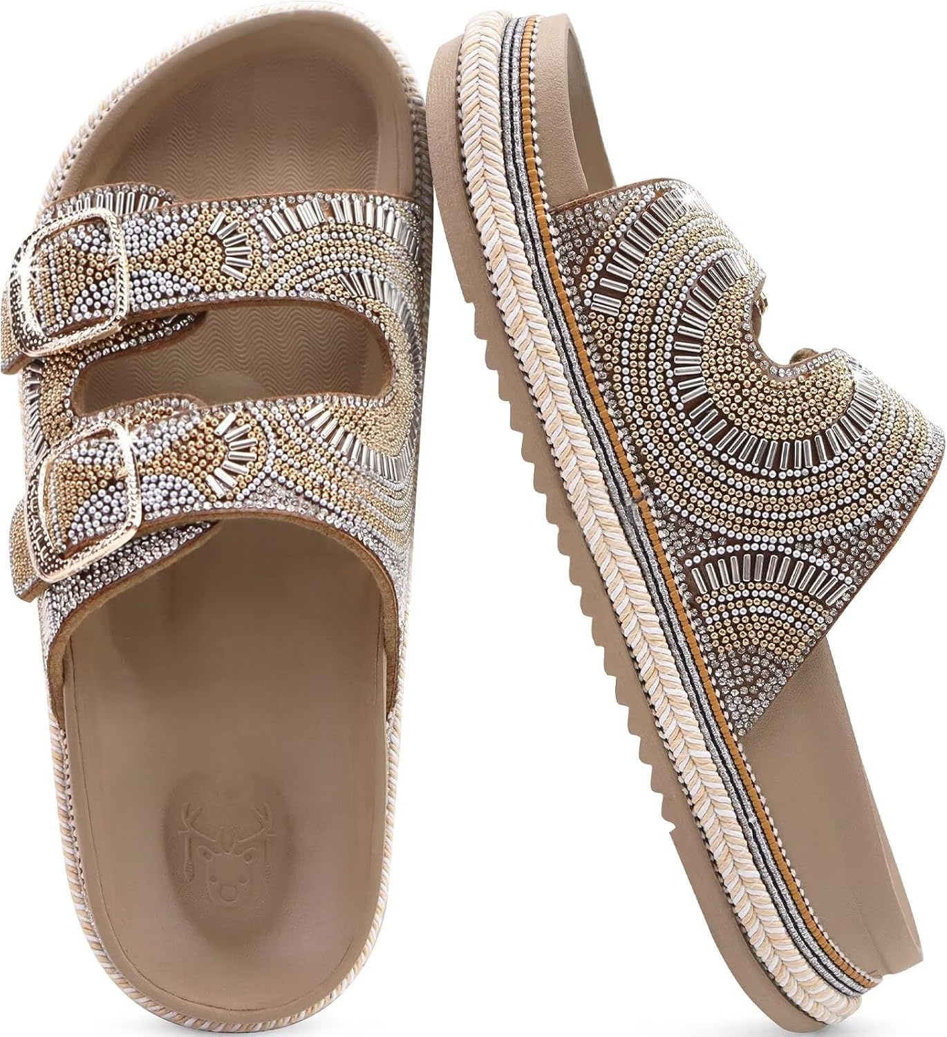 image:imageKuaiLu Womens Bling Sandals with Arch Support Orthopedic Rhinestones SlidesBeige