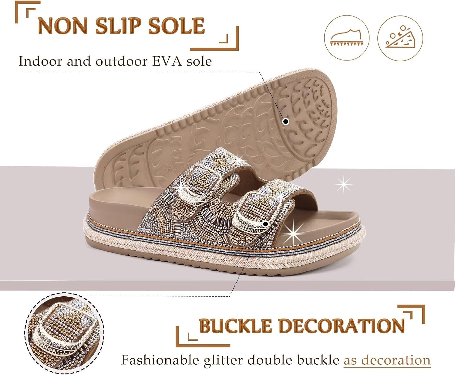 image:imageKuaiLu Womens Bling Sandals with Arch Support Orthopedic Rhinestones SlidesBeige