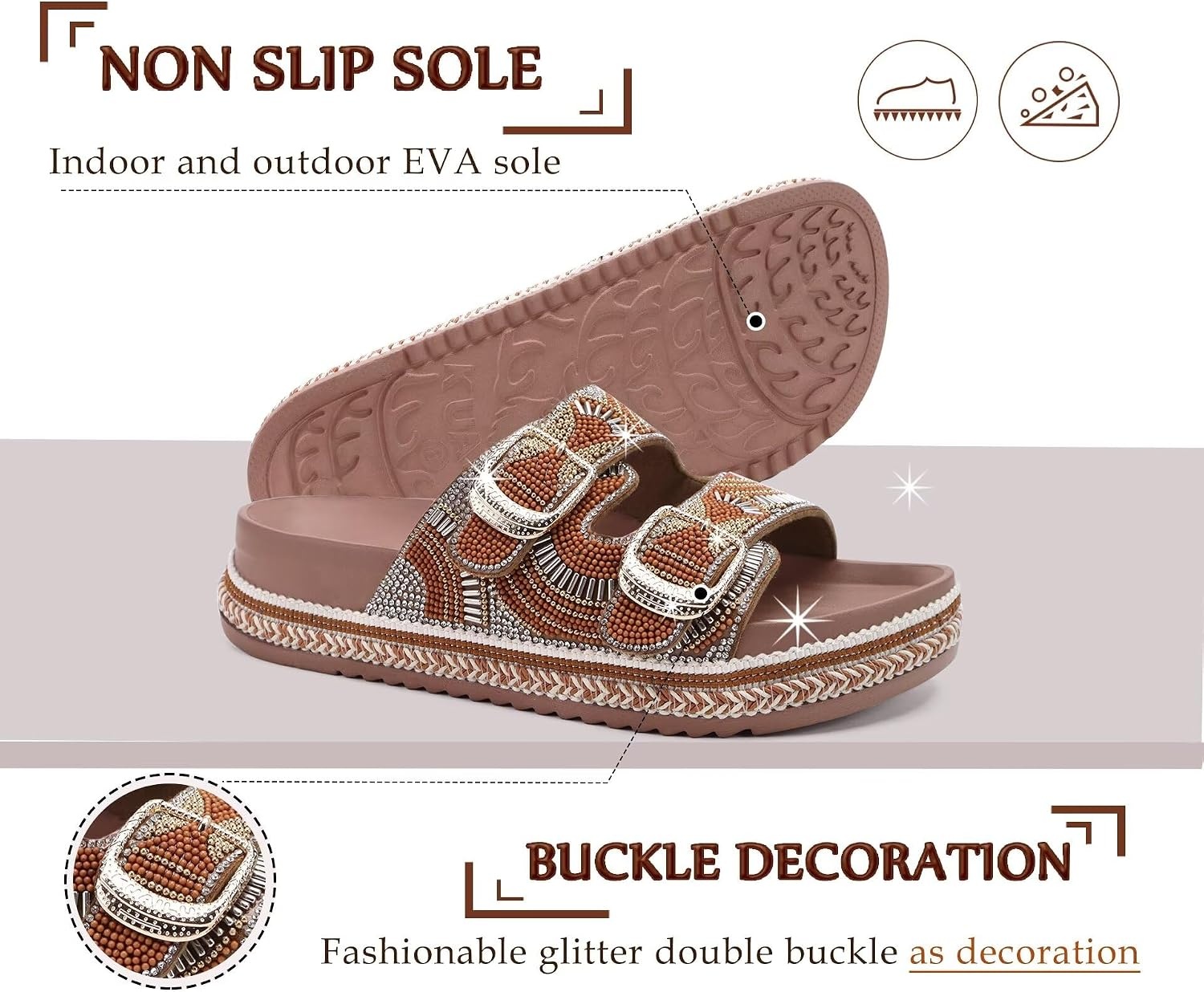 image:imageKuaiLu Womens Bling Sandals with Arch Support Orthopedic Rhinestones SlidesBrown