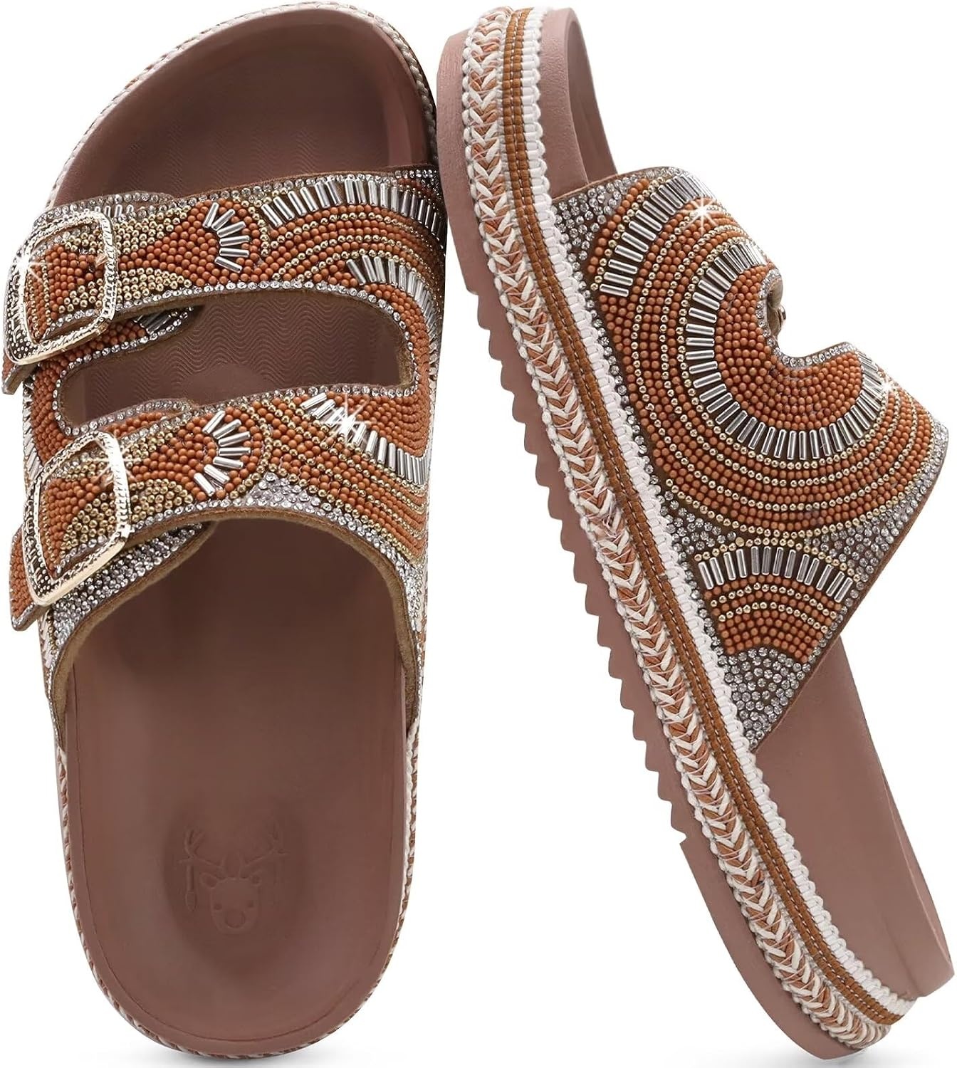 image:imageKuaiLu Womens Bling Sandals with Arch Support Orthopedic Rhinestones SlidesBrown