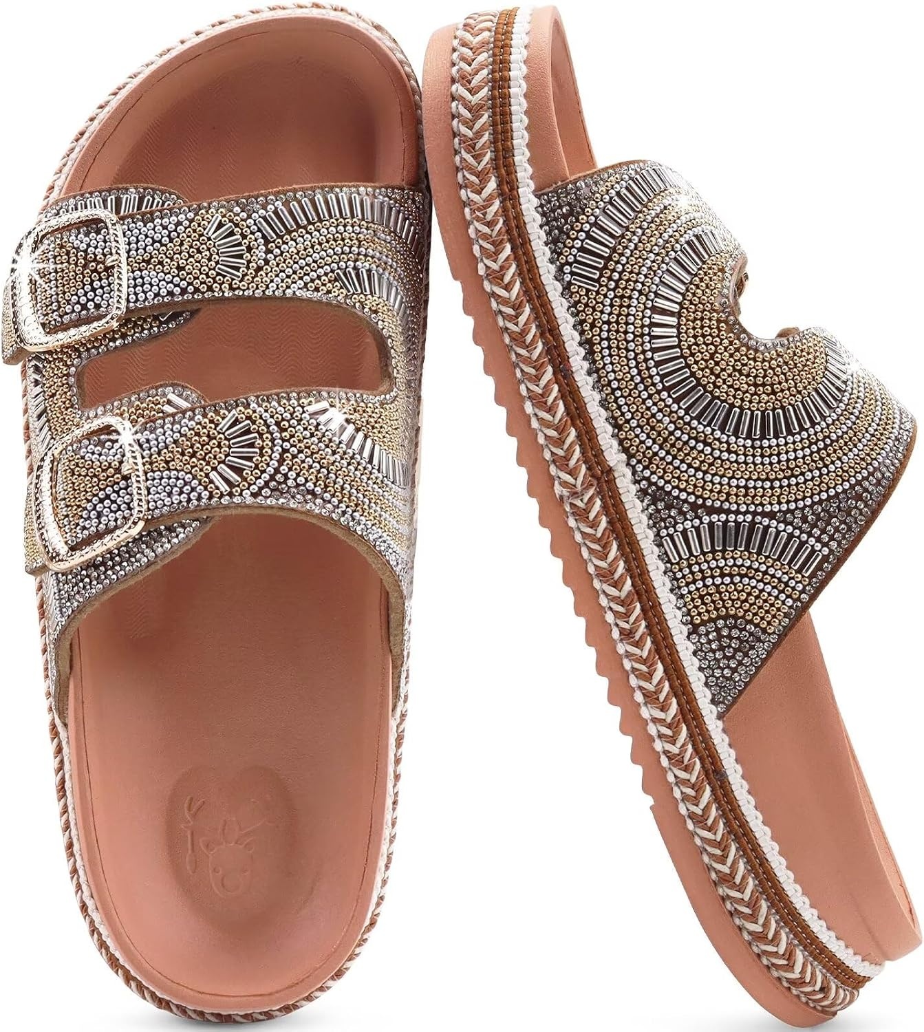 image:imageKuaiLu Womens Bling Sandals with Arch Support Orthopedic Rhinestones SlidesKhaki