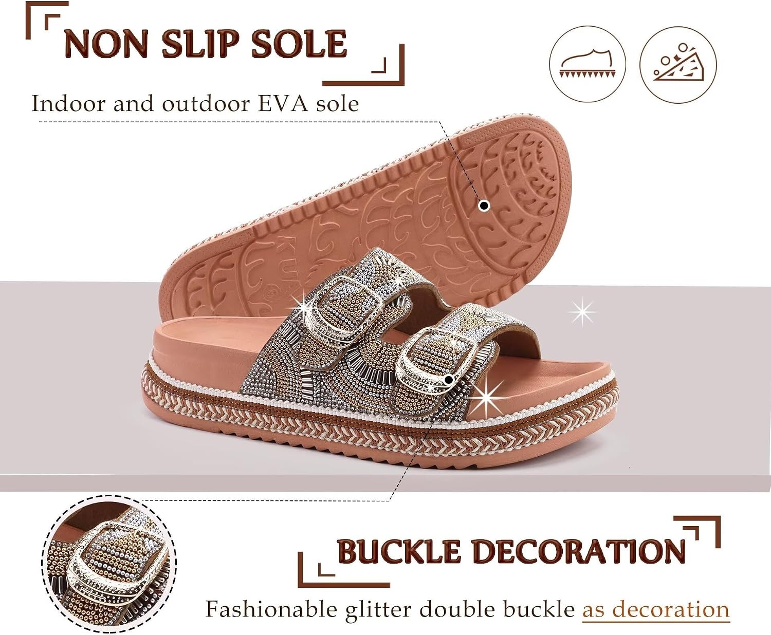 image:imageKuaiLu Womens Bling Sandals with Arch Support Orthopedic Rhinestones SlidesKhaki
