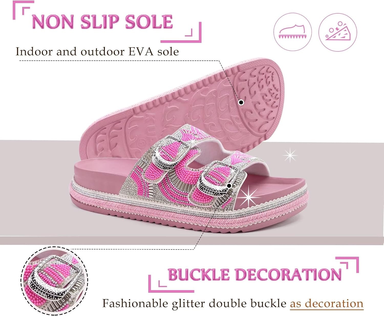 image:imageKuaiLu Womens Bling Sandals with Arch Support Orthopedic Rhinestones SlidesPink