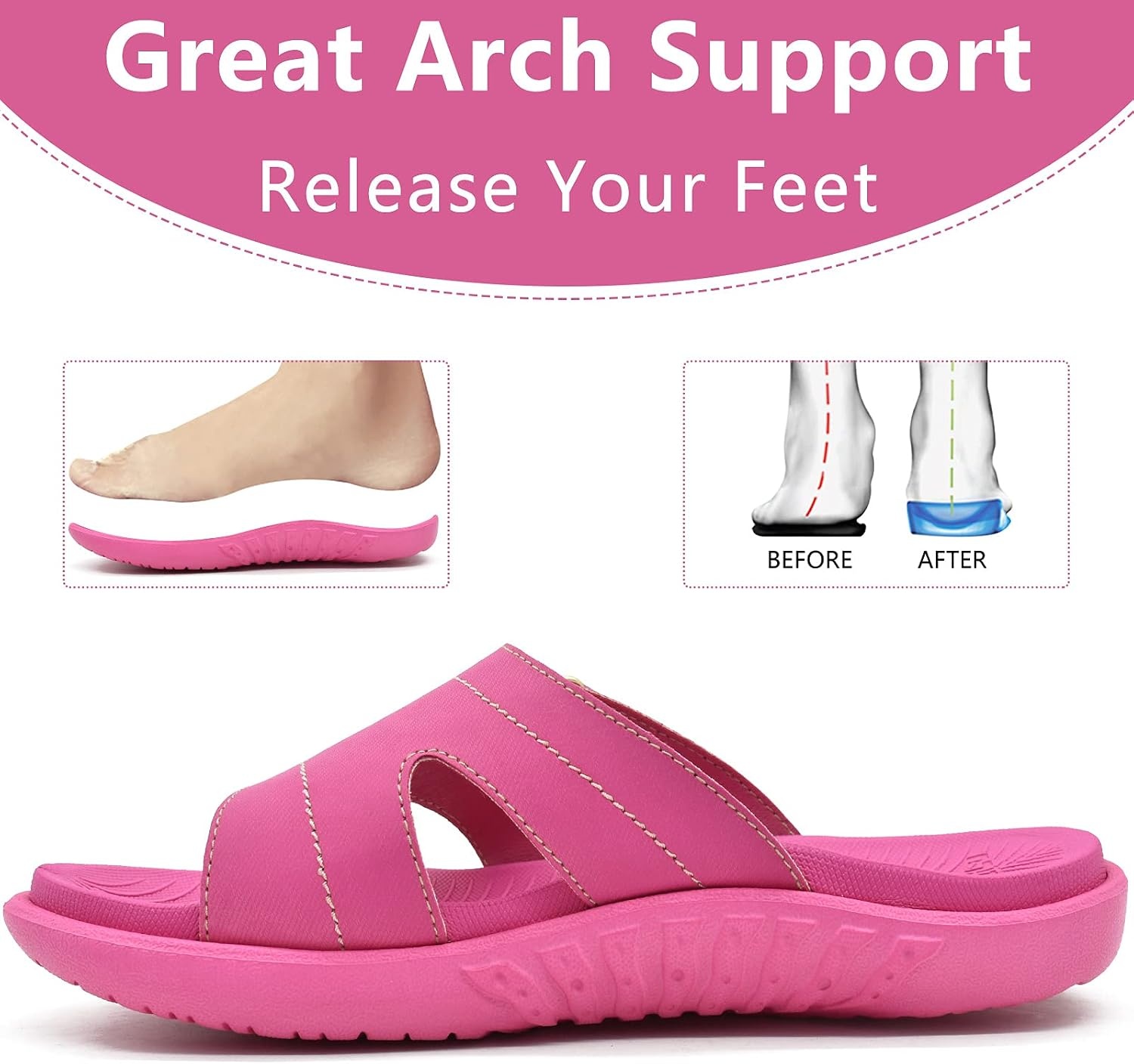 image:imageKuaiLu Womens Fashion Orthotic Slides Arch Support Slip On Walking SandalsHot Pink
