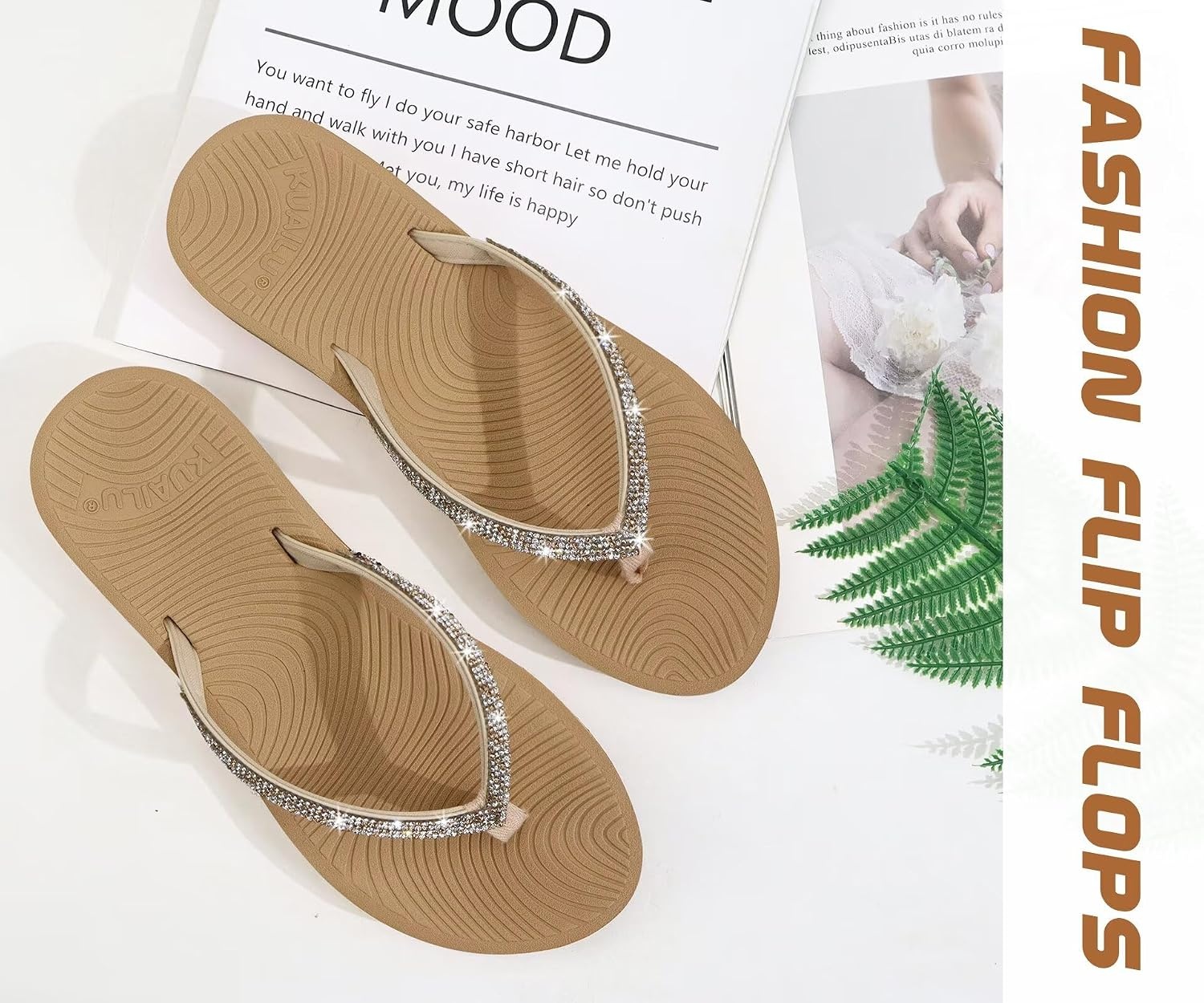 image:imageKuaiLu Womens Rhinestone Flip Flops Arch Support Yoga Mat Cushion SandalsBeige