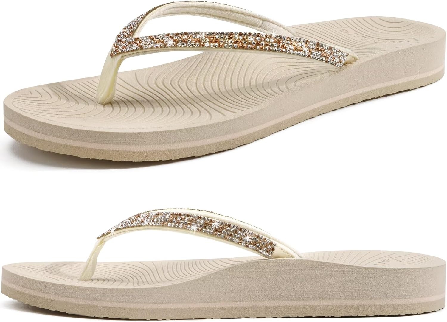 image:imageKuaiLu Womens Rhinestone Flip Flops Arch Support Yoga Mat Cushion SandalsBeige White