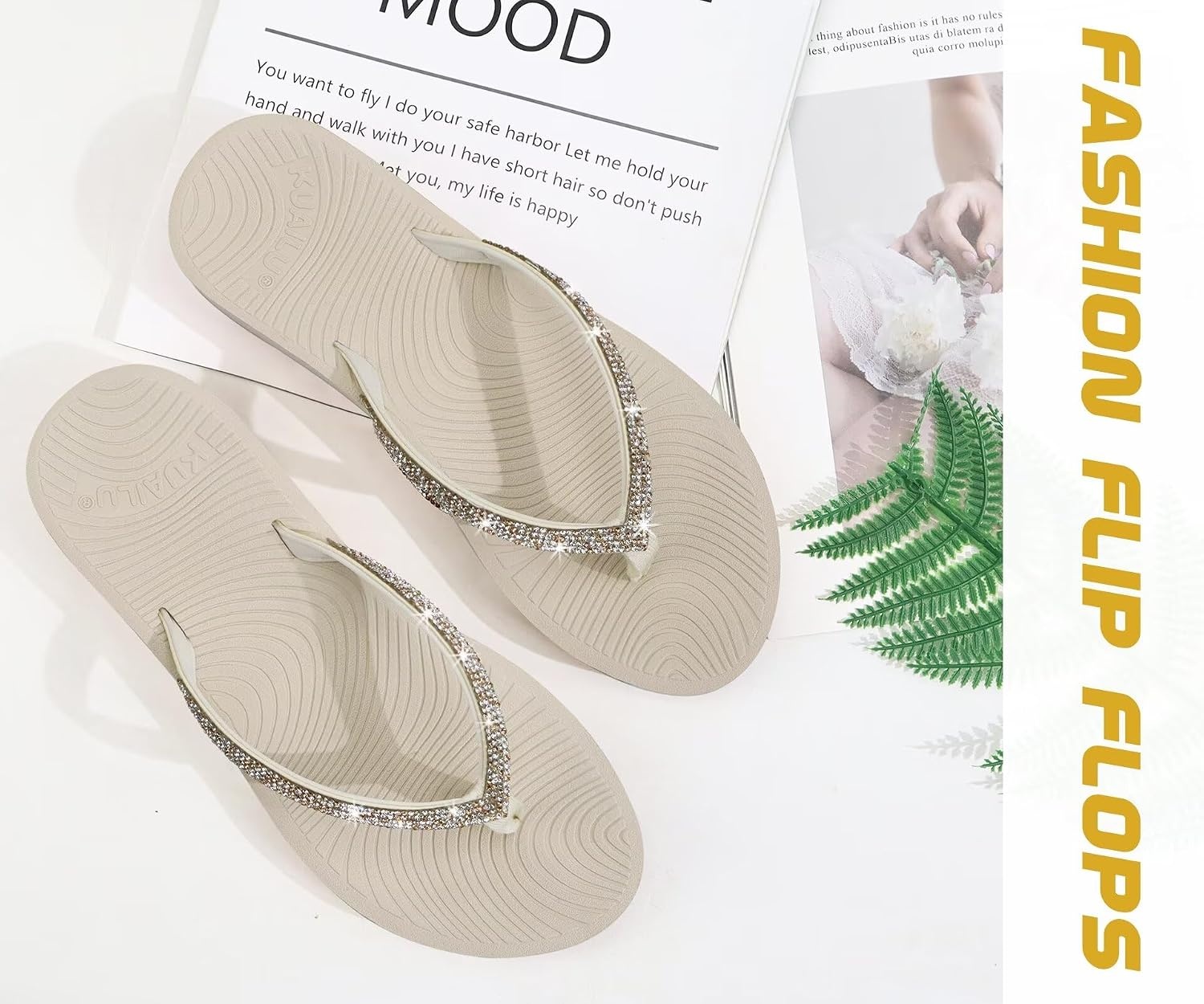 image:imageKuaiLu Womens Rhinestone Flip Flops Arch Support Yoga Mat Cushion SandalsBeige White
