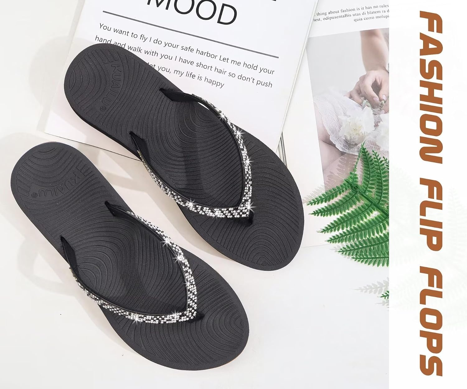 image:imageKuaiLu Womens Rhinestone Flip Flops Arch Support Yoga Mat Cushion SandalsBlack