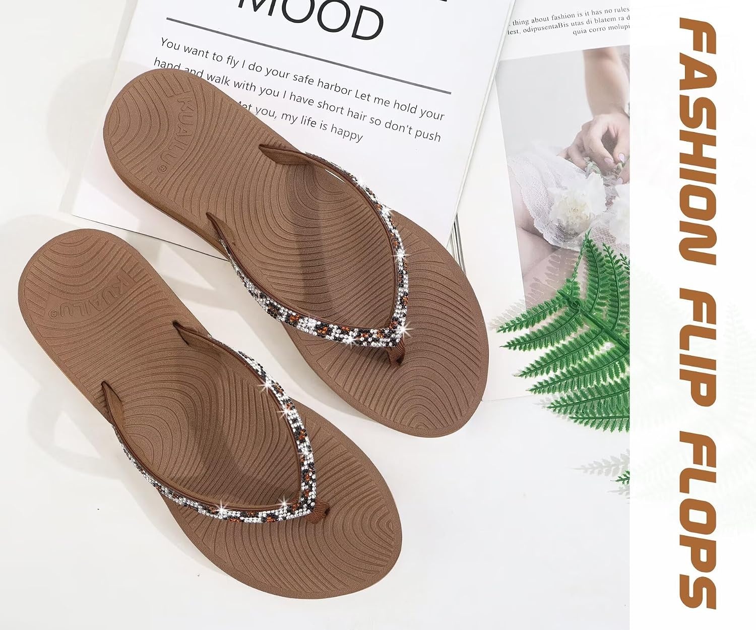image:imageKuaiLu Womens Rhinestone Flip Flops Arch Support Yoga Mat Cushion SandalsBrown