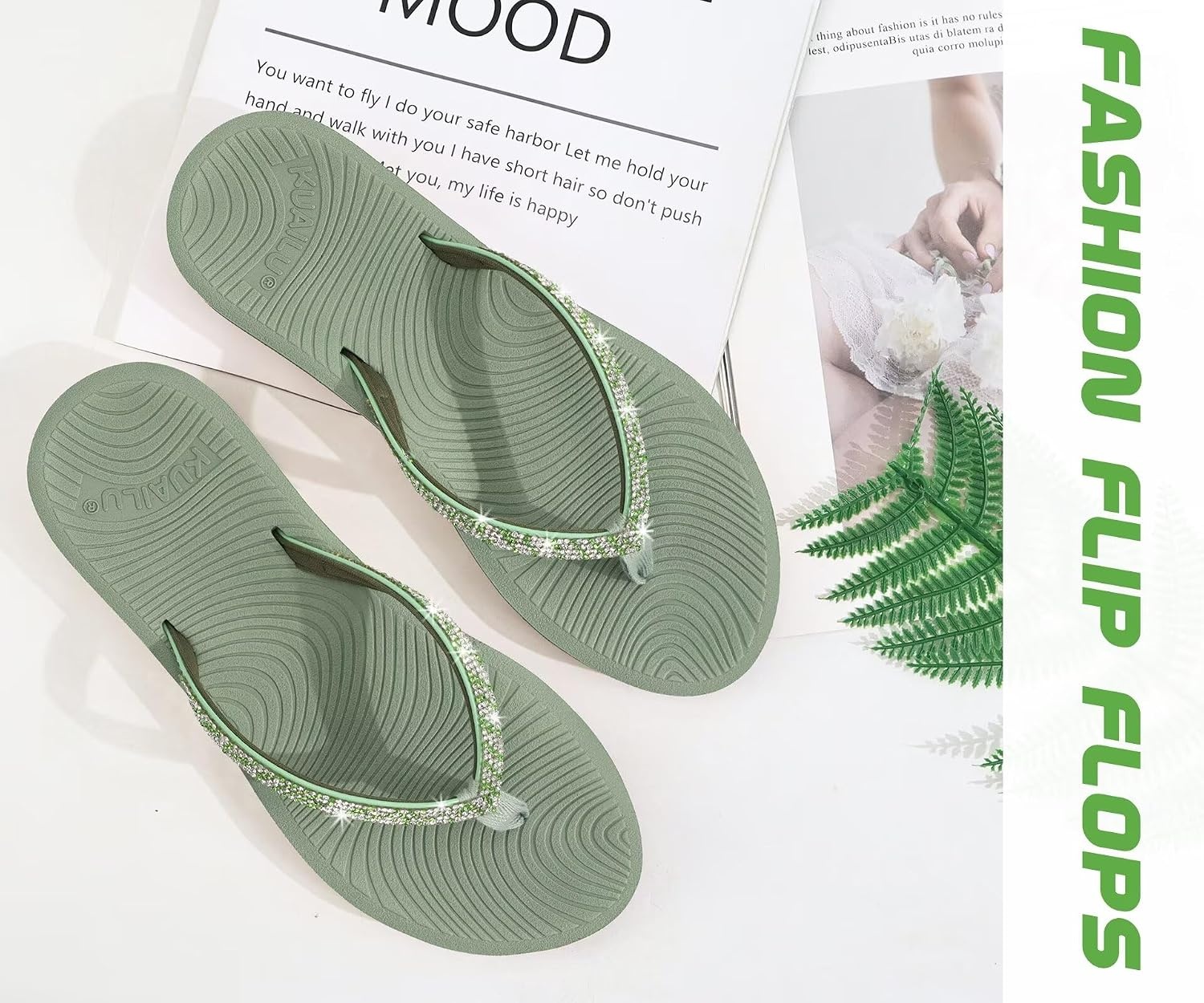 image:imageKuaiLu Womens Rhinestone Flip Flops Arch Support Yoga Mat Cushion SandalsGreen
