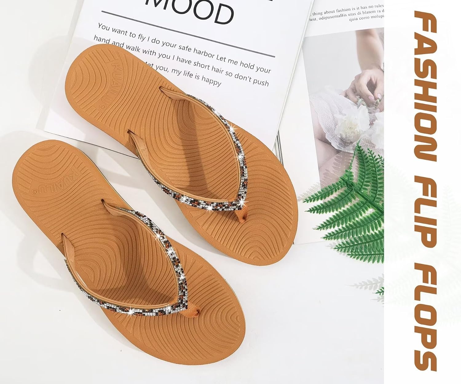 image:imageKuaiLu Womens Rhinestone Flip Flops Arch Support Yoga Mat Cushion SandalsKhaki
