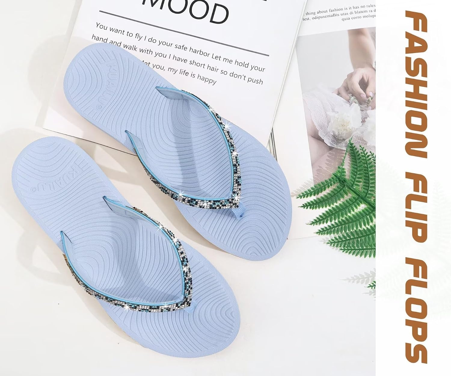 image:imageKuaiLu Womens Rhinestone Flip Flops Arch Support Yoga Mat Cushion SandalsLight Blue