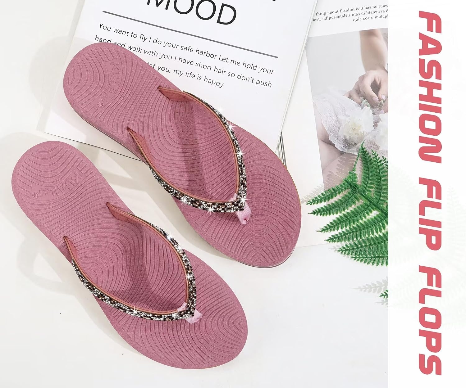 image:imageKuaiLu Womens Rhinestone Flip Flops Arch Support Yoga Mat Cushion SandalsPink