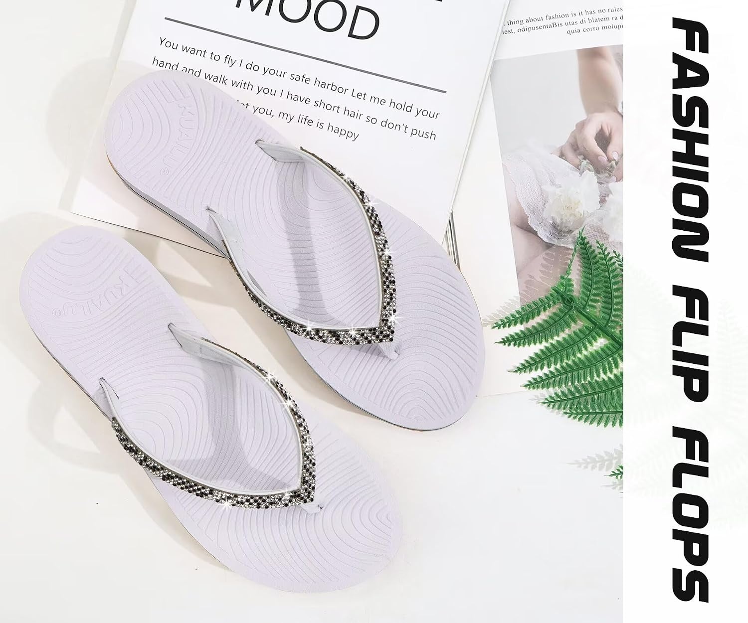 image:imageKuaiLu Womens Rhinestone Flip Flops Arch Support Yoga Mat Cushion SandalsSilver White