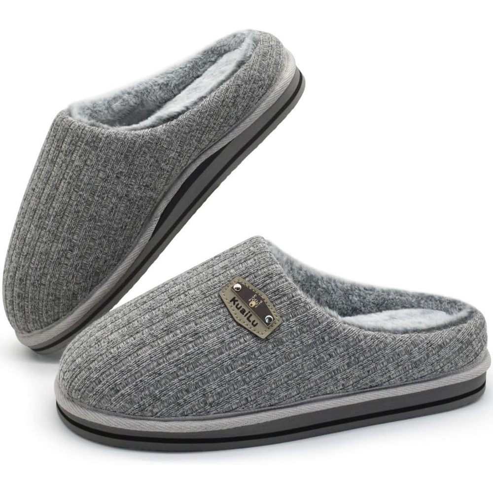 image:imageKuaiLu Mens Orthopedic Memory Foam Slippers Fashion Casual Woolblend Stripe Knitted with Warm Sherpa Plush Lining Winter Mens Mule Scuff Nonslip House Slippers Size 714