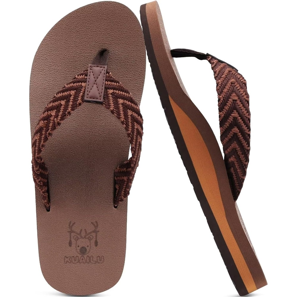 image:imageKuaiLu Mens Rubber Flip Flops with Comfortable Arch Support Summer BeachBrownish